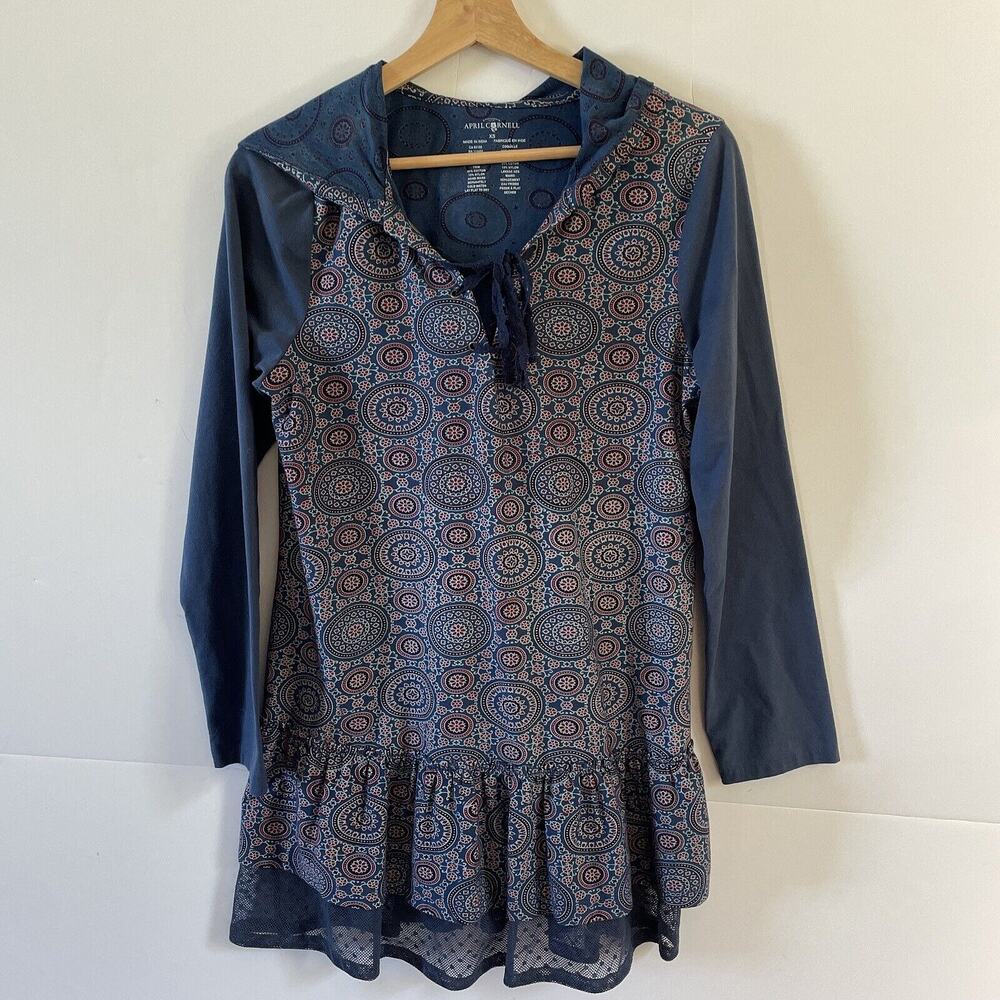 APRIL CORNELL Blue Floral Cotton Hooded Tunic Sweatshirt Top Women’s Size XS